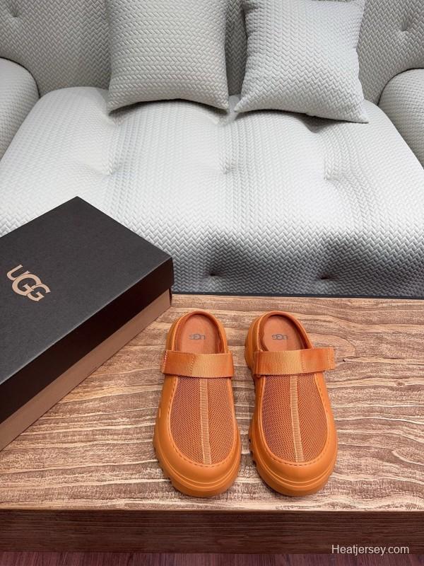 2025 UGG Brown Leather Mesh Slippers KFY00220
