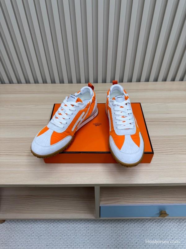 2025 Unisex Hermès Orange White Suede Nylon Sneakers Top Version LY00310