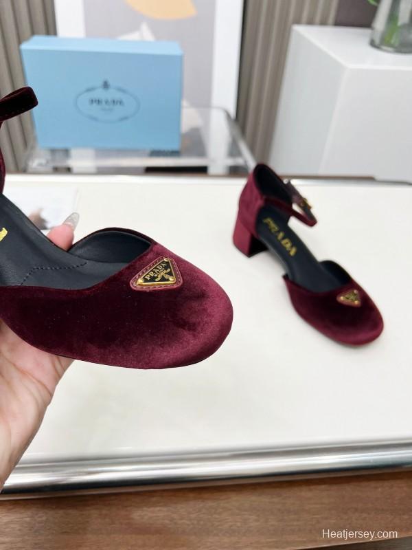 2025 Women Prada Burgundy Velvet Mary Jane Buckle KFY00270